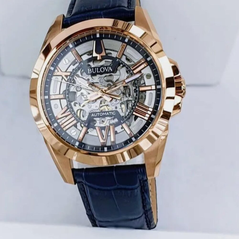 Bulova Sutton Automatic Skeleton Blue Leather Ban… - image 3